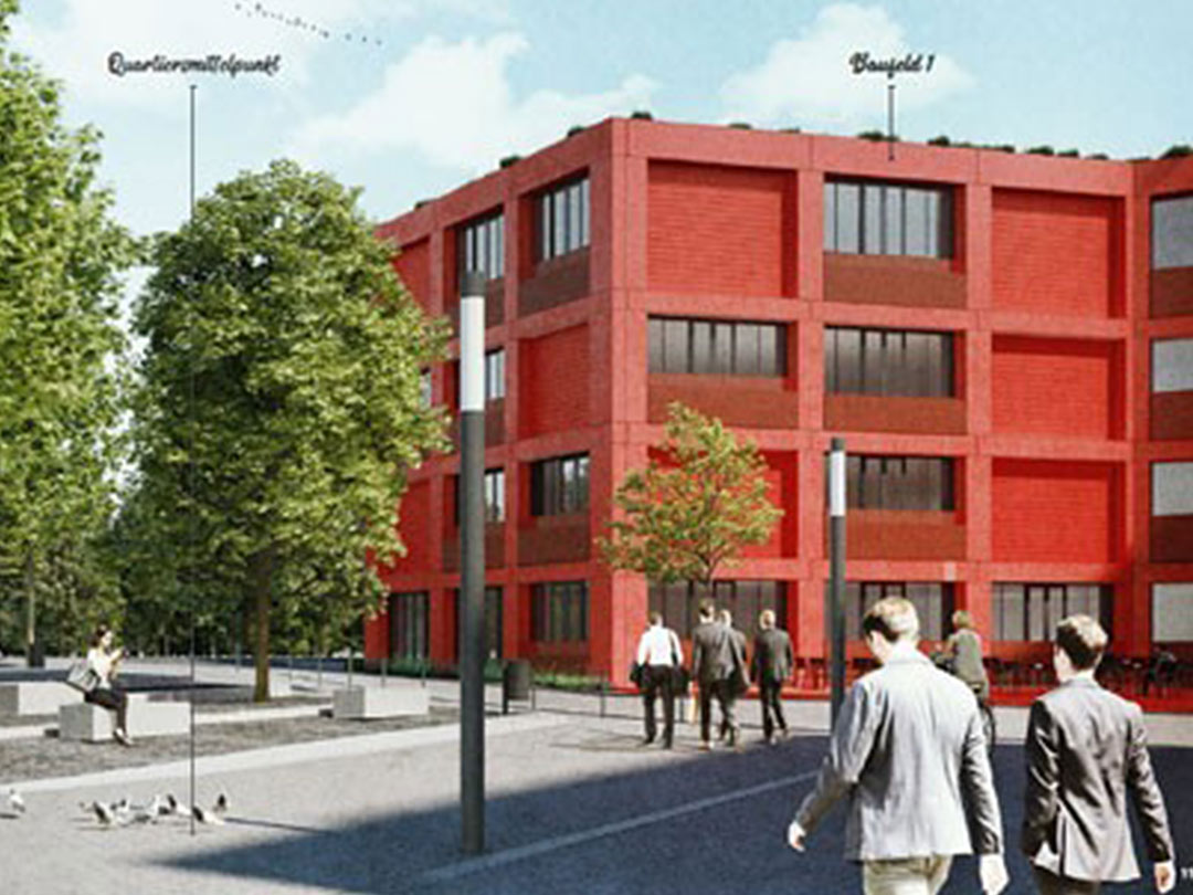 Modernes rotes Gebäude mit Menschen, Bäume im Vordergrund.