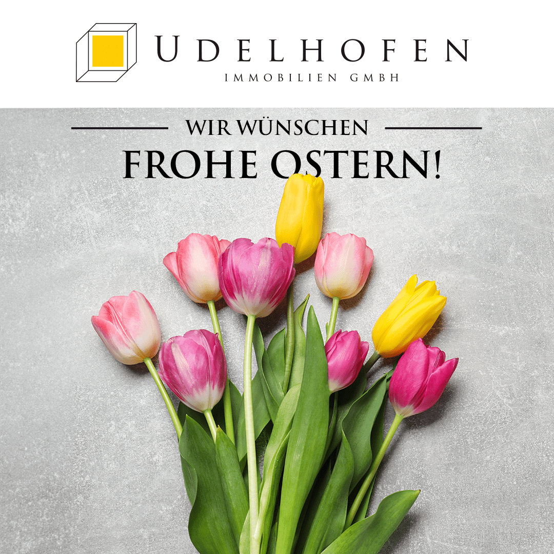 Bunte Tulpen mit Ostergruß von Immobilienfirma