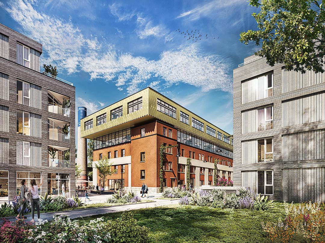 Moderne Wohngebäude im Grünen unter blauem Himmel.